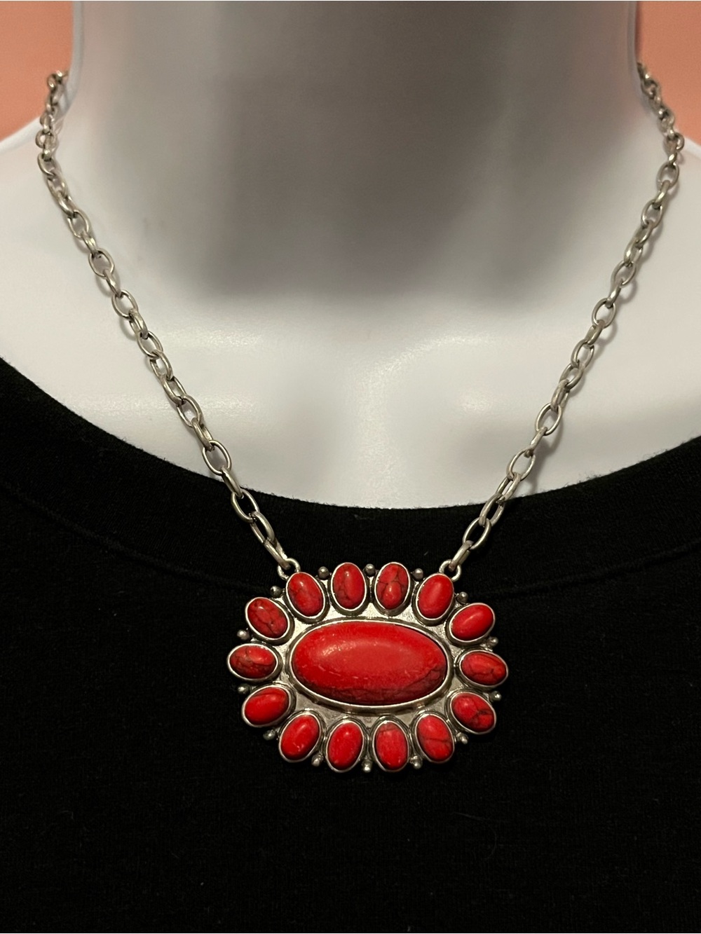Estate Red Sunburst Pendant Necklace